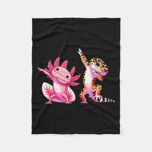 Cute Kawaii Leopard Gecko Dabbing Axolotl Friends  Fleecedecke (Vorderseite)