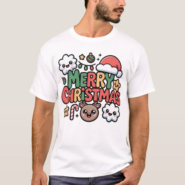Cute Kawaii Merry Christmas Holiday Cartoon T-Shir T-Shirt (Vorderseite)