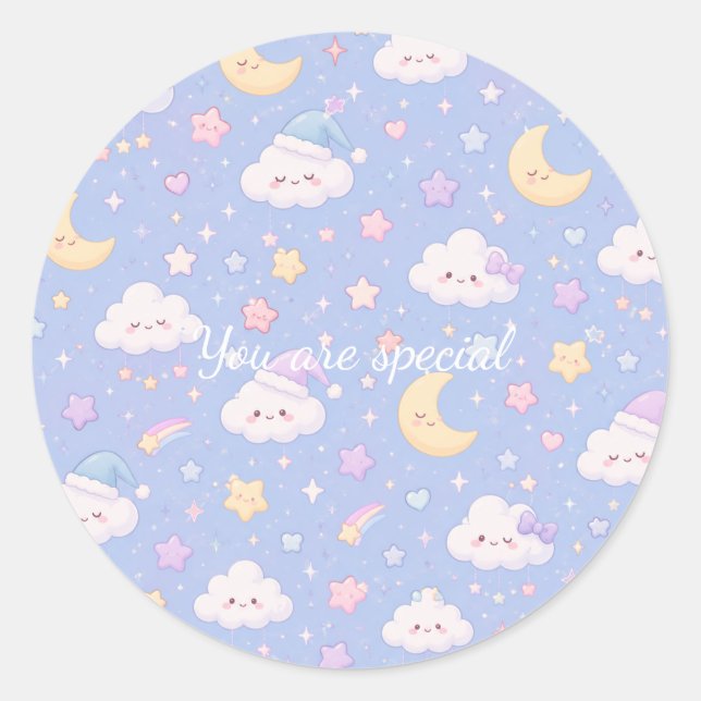Cute Kawaii Moon & Clouds Pattern | Dreamy Pastel  Runder Aufkleber (Vorderseite)