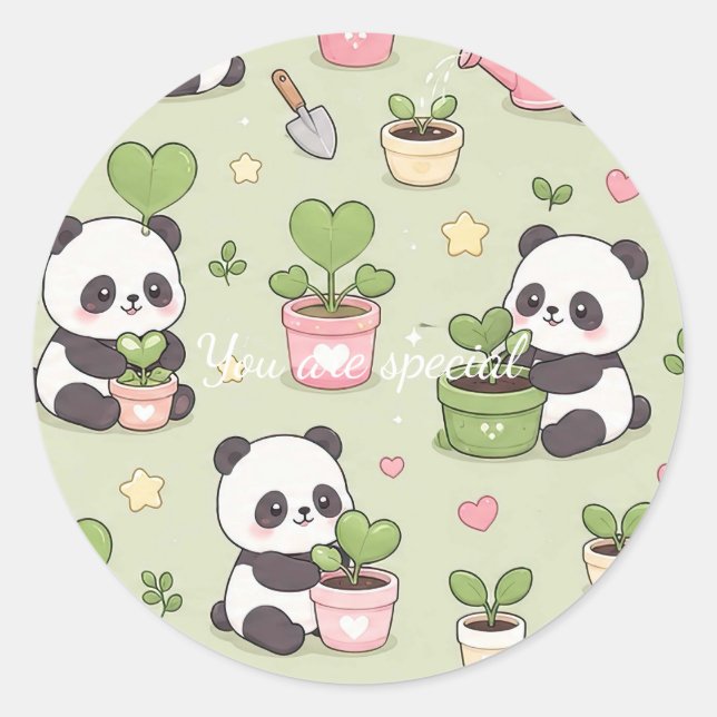 Cute Kawaii Panda Heart Plant Pattern Runder Aufkleber (Vorderseite)