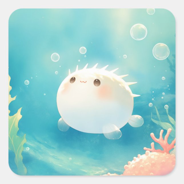 Cute Kawaii Pufferfish Watercolor Under the Sea Quadratischer Aufkleber (Vorderseite)