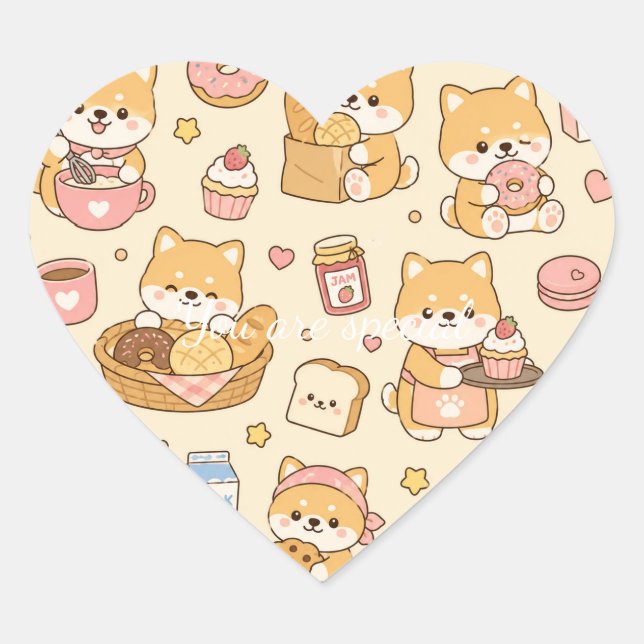 Cute Kawaii Shiba Bakery Pattern | Cozy Breakfast  Herz-Aufkleber (Vorderseite)