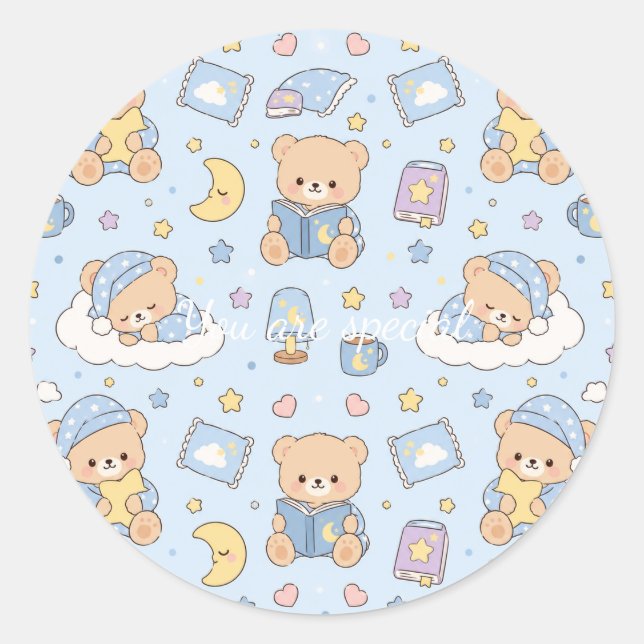 Cute Kawaii Sleepy Teddy Bear Pattern | Pastel Bed Runder Aufkleber (Vorderseite)