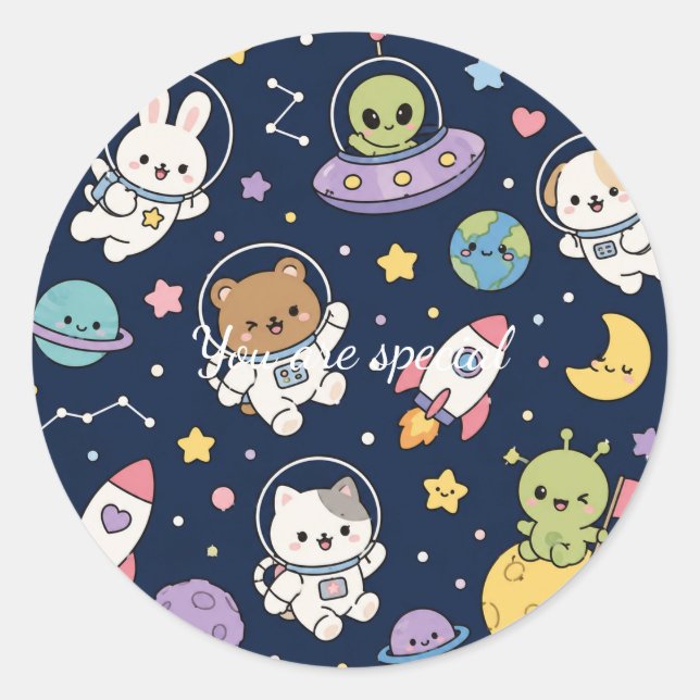 Cute Kawaii Space Animals Pattern | Pastel Galaxy  Runder Aufkleber (Vorderseite)