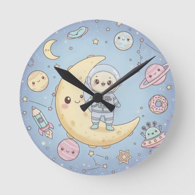 Cute Kawaii Space - Astronaut and Smiling Moon Runde Wanduhr (Vorderseite)