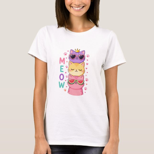 Cute Kawaii Stacked Cats Sunglasses Meow T-Shirt (Vorderseite)