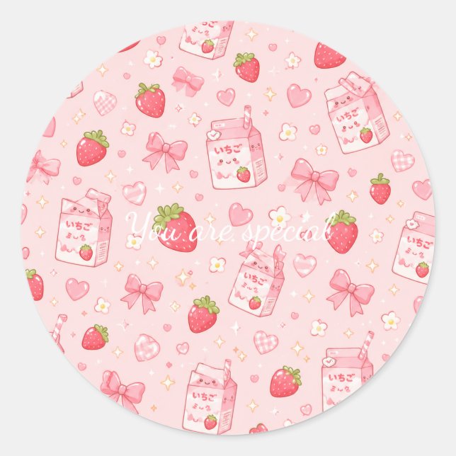 Cute Kawaii Strawberry Pattern  Pink Past Runder Aufkleber (Vorderseite)