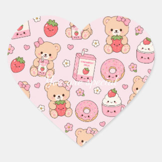 Cute Kawaii Strawberry Teddy Bear Pattern | Pink Herz-Aufkleber