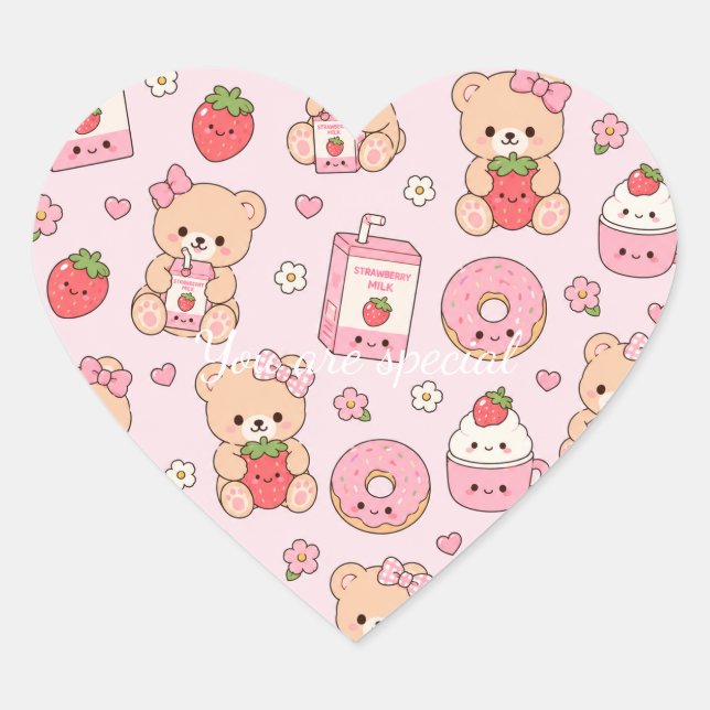 Cute Kawaii Strawberry Teddy Bear Pattern | Pink  Herz-Aufkleber (Vorderseite)