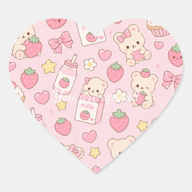 Cute Kawaii Teddy Bear Strawberry Pattern | Pink  Herz-Aufkleber (Vorderseite)