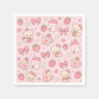 Cute Kawaii Teddy Bear Strawberry Pattern Sticker Serviette