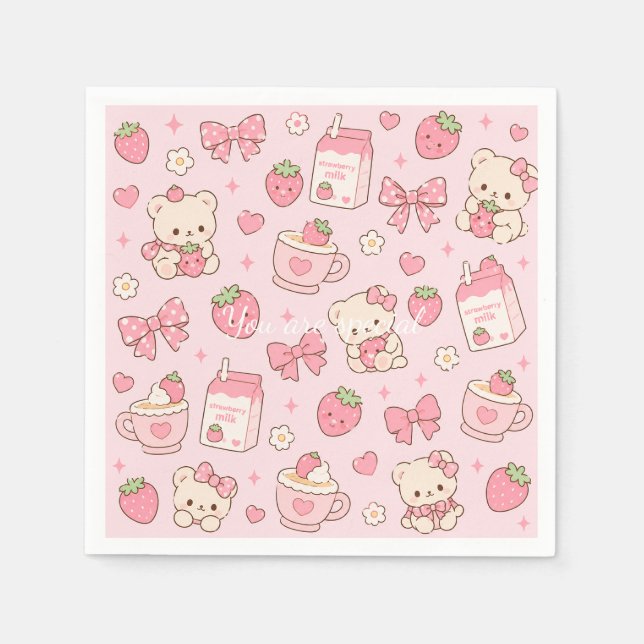 Cute Kawaii Teddy Bear Strawberry Pattern Sticker  Serviette (Vorderseite)