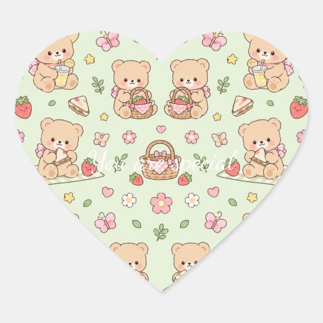 Cute Kawaii Teddy Bear Strawberry Picnic Pattern  Herz-Aufkleber (Vorderseite)