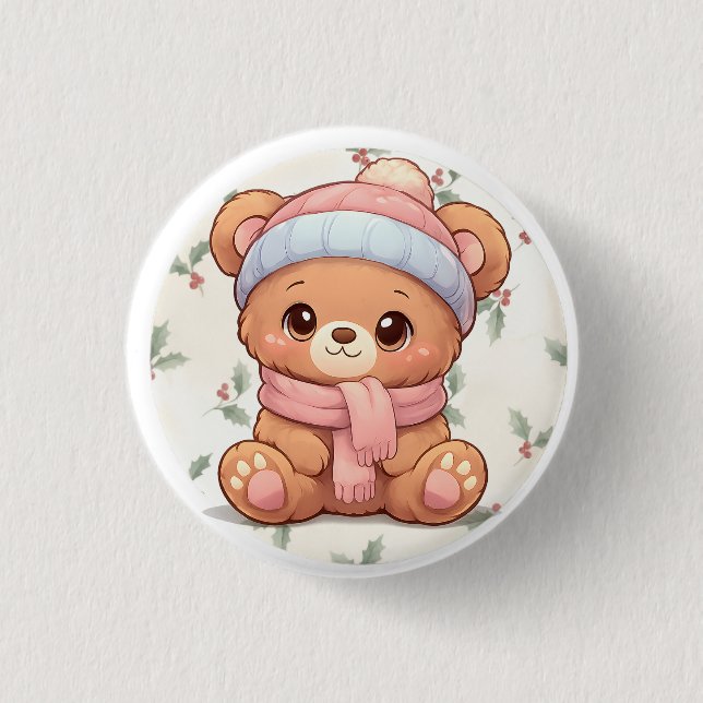 Cute Kawaii Teddy Bear Winter Button (Vorderseite)