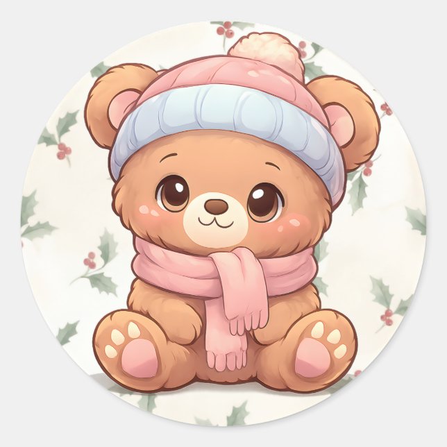 Cute Kawaii Teddy Bear Winter Sticker (Vorderseite)