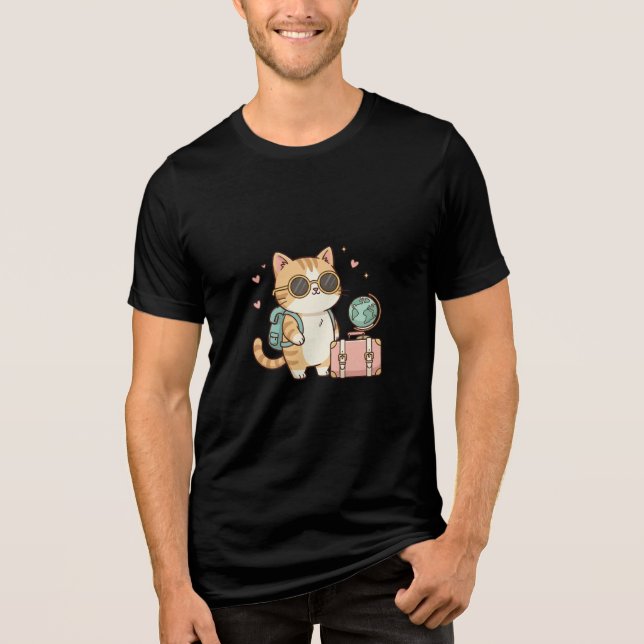 Cute   Kawaii Traveler Kitty with Backpack & Globe Tri-Blend Shirt (Vorderseite)