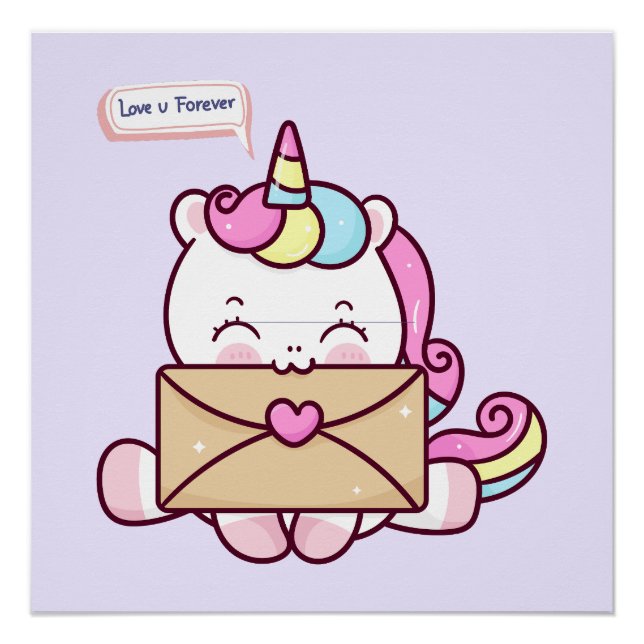 Cute Kawaii Unicorn Love Illustration Poster (Vorderseite)