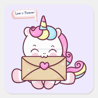 Cute Kawaii Unicorn Love Illustration Quadratischer Aufkleber