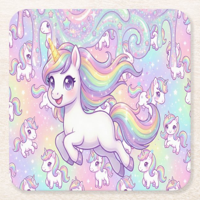 Cute Kawaii Unicorn Pastel Rainbow Magical Rechteckiger Pappuntersetzer (Vorderseite)