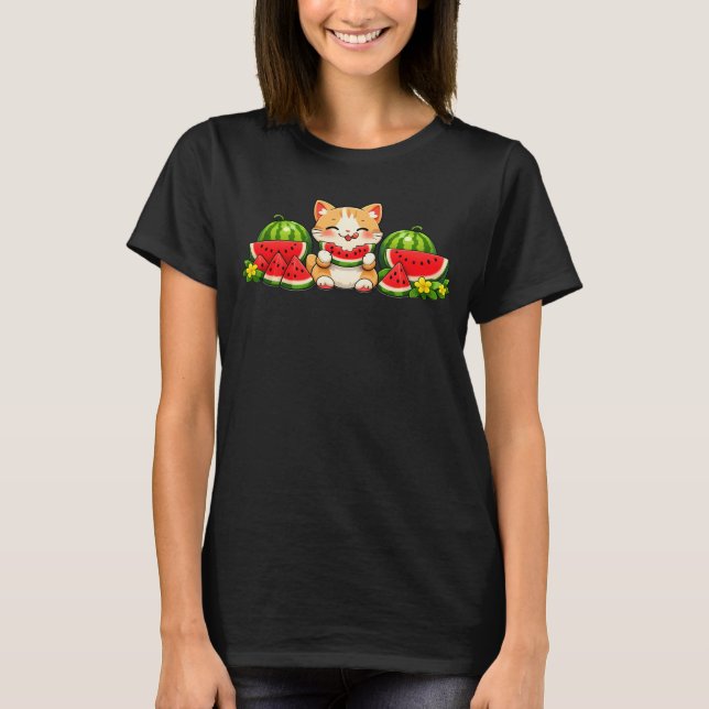 Cute Kawaii Watermelon Cat Summer Cartoon T-Shirt (Vorderseite)