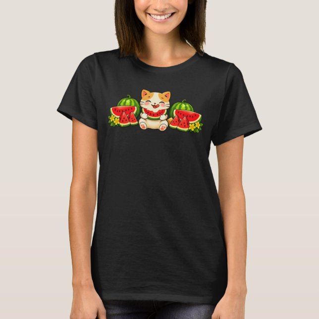 Cute Kawaii Watermelon Cat Summer Illustration T-Shirt (Vorderseite)
