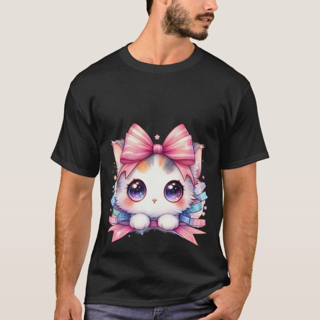 Cute Kawaii White Kitten Pink Ribbon Bow Magic Cat T-Shirt (Vorderseite)