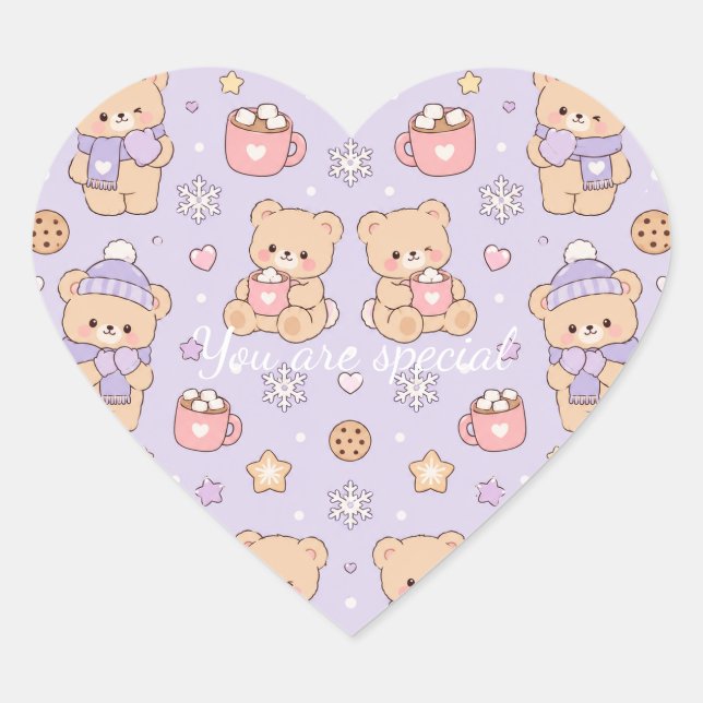 Cute Kawaii Winter Teddy Bear Pattern | Purple  Herz-Aufkleber (Vorderseite)