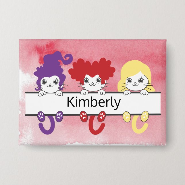 Cute Kawaii Witch Sisters Cats Name Monogram Button (Vorderseite)