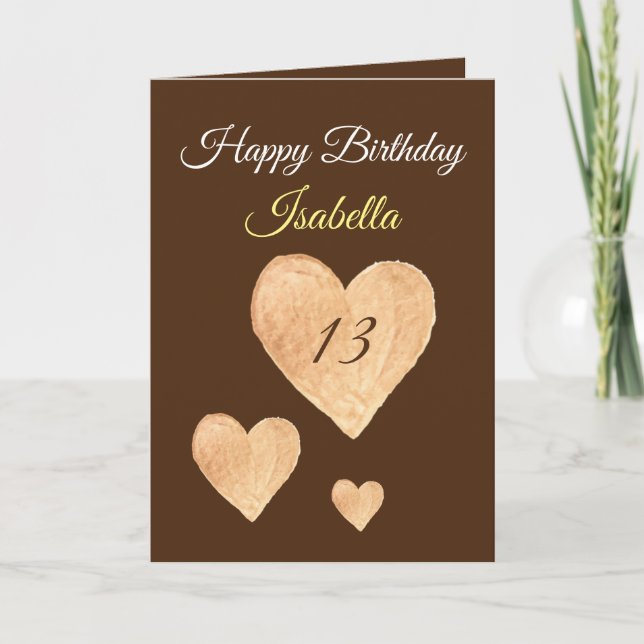 Cute Khaki Watercolor Heart 13th Birthday Karte (Vorderseite)