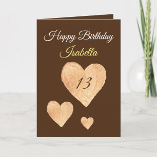 Cute Khaki Watercolor Heart 13th Birthday Karte