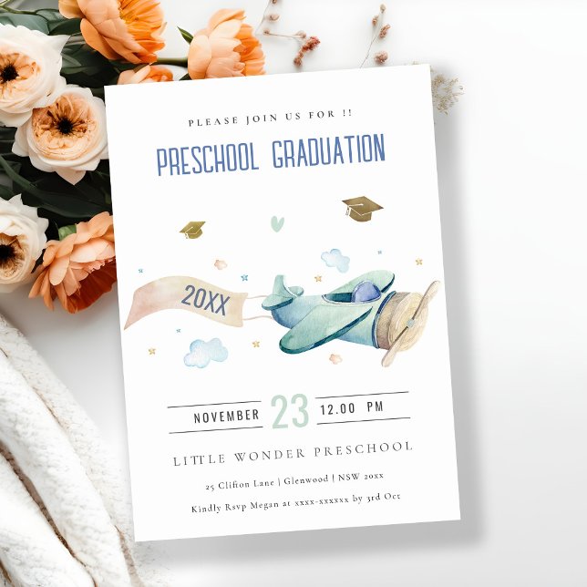 Cute Kids Airplane Sky Stars Preschool Graduation  Einladung (Von Creator hochgeladen)