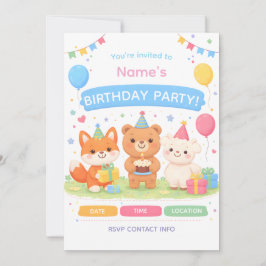 Cute Kids Birthday Invitation | Pastel Animal Birt Einladung