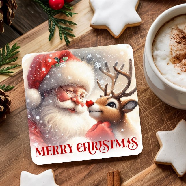 Cute Kids Christmas Coasters Santa Claus Rudolph Rechteckiger Pappuntersetzer (Cute Kids Christmas Coasters Santa Claus Rudolph)