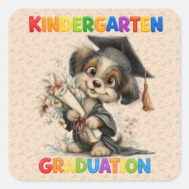  Cute Kindergarten Graduation Puppy Illustration Quadratischer Aufkleber (Vorderseite)