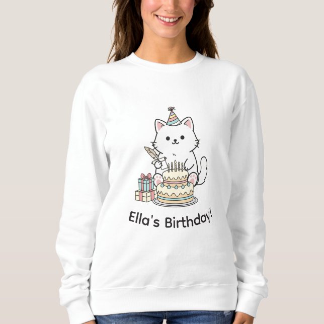 Cute Kitten Birthday Cake Party Hat Illustration Sweatshirt (Vorderseite)
