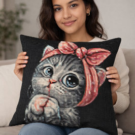 Cute Kitten Bow Cross Stitch Throw Pillow Kissen