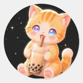 Cute Kitten & Bubble Tea Runder Aufkleber