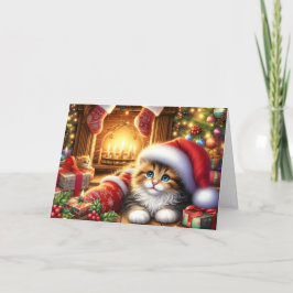 Cute Kitten by the Fireplace Christmas Feiertagskarte