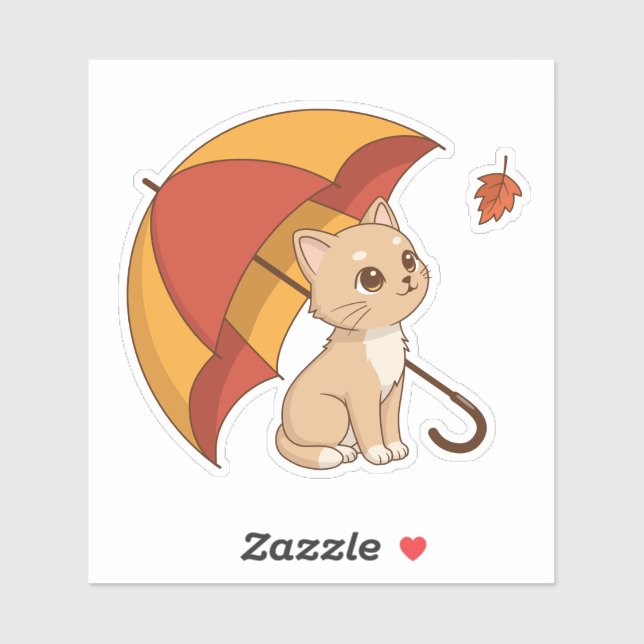 Cute Kitten Cat Red Yellow Umbrella Fall Aufkleber (Blatt)