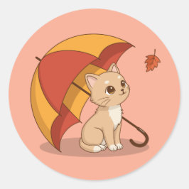 Cute Kitten Cat Red Yellow Umbrella Fall Pink Runder Aufkleber