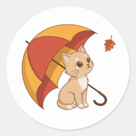 Cute Kitten Cat Red Yellow Umbrella Fall Runder Aufkleber
