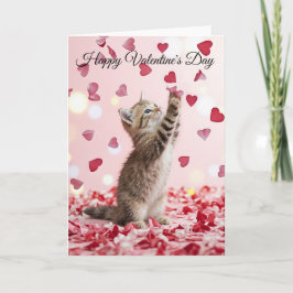 Cute Kitten Catching Valentine Heart Petals Karte