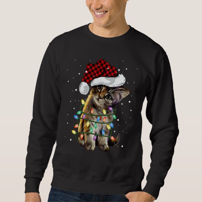 Cute Kitten Christmas Light Santa Hat Plaid  Cat Sweatshirt (Vorderseite)