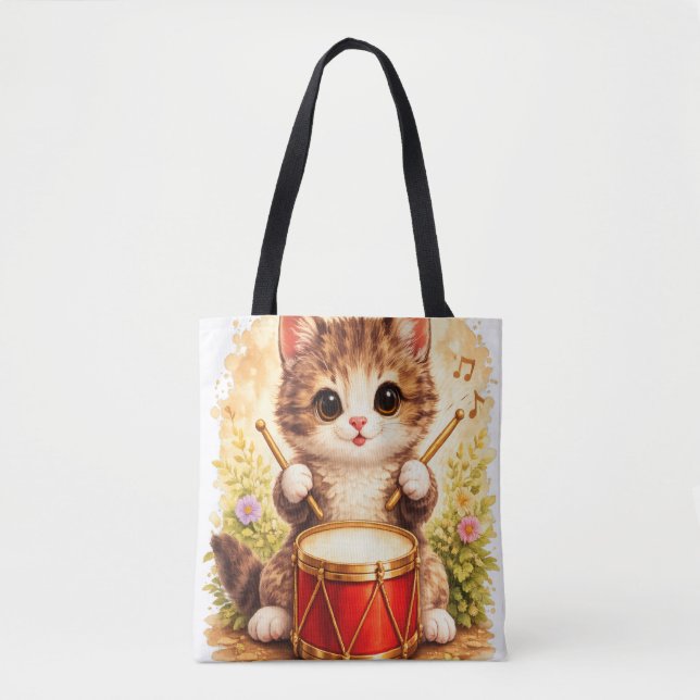 Cute Kitten Drum Tote Bag Kawaii Cat Music (Vorderseite)