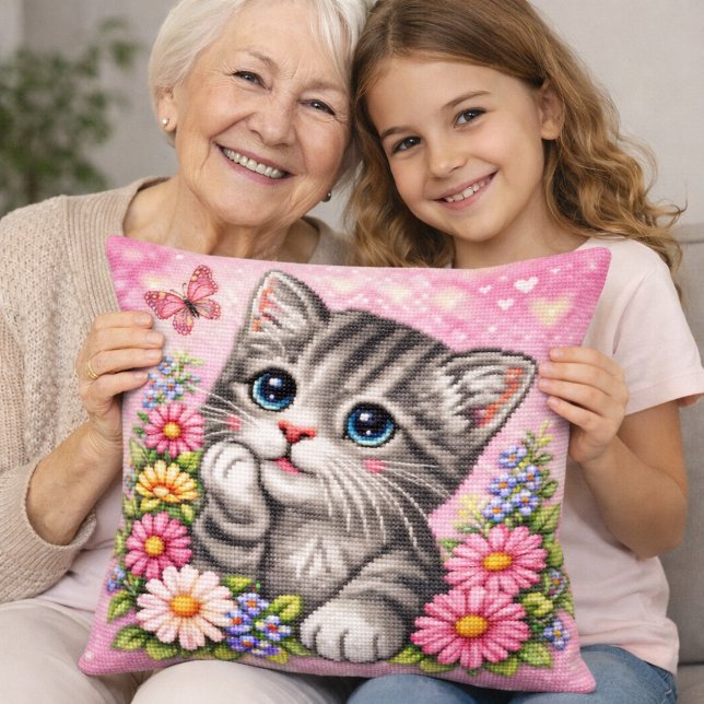Cute Kitten Floral Cross Stitch Throw Pillow Kissen (Von Creator hochgeladen)