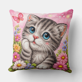 Cute Kitten Floral Cross Stitch Throw Pillow Kissen