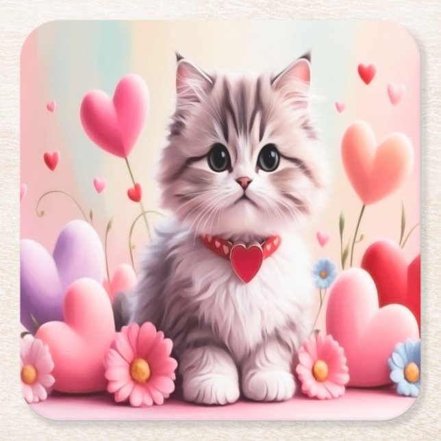 Cute kitten hearts flowers rechteckiger pappuntersetzer (Vorderseite)