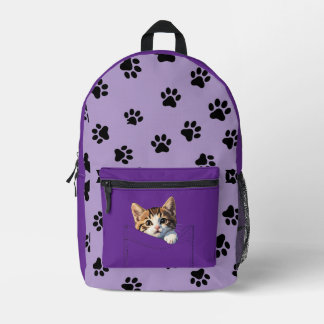 Cute Kitten Peeking Purple Paw Print Backpack Bedruckter Rucksack