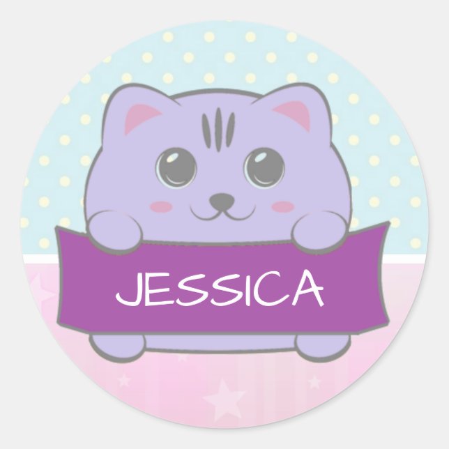 Cute Kitten Personalised Polka Dot Runder Aufkleber (Vorderseite)