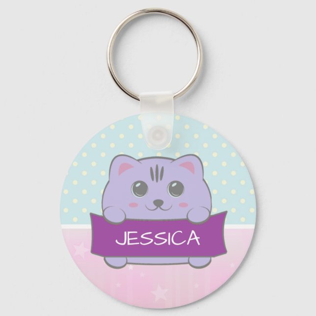 Cute Kitten Personalized Polka Dot Schlüsselanhänger (Vorderseite)
